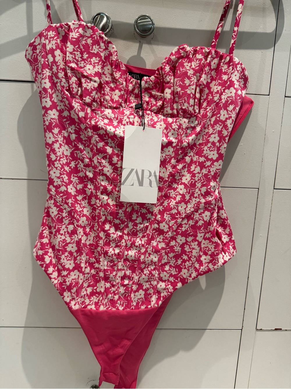 Zara Hot Pink & White Floral One-Piece Bodysuit